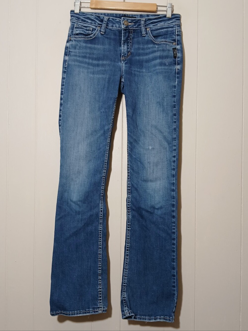 Silver Jeans Avery Slim Boot Bootcut Blue Distressed Stretch Denim Boho Cowgirl